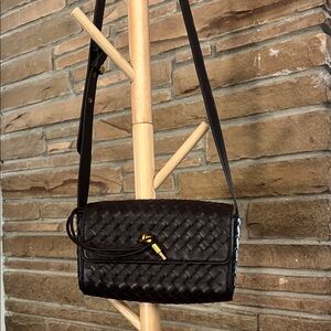 Woven Crossbody Bag in Dark Brown with Gold Accent